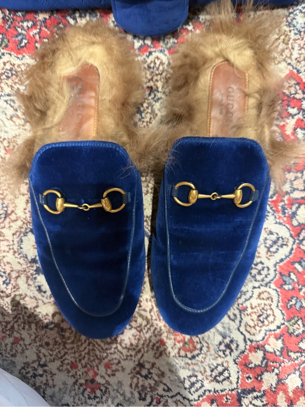 Gucci Blue Velvet Fur-Trim Horsebit Mules